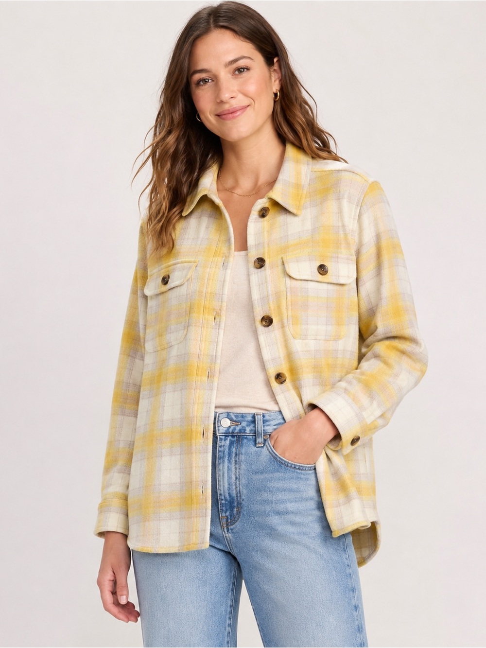 Old Navy Women’s Small Yellow Cream Plaid Shacket Shirt Jacket
